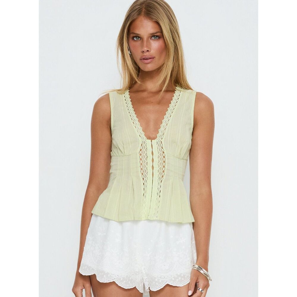NWT Princess Polly Zaylenna Lace Pleated V Neck Corset Top Sage Green US 4